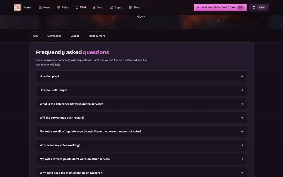 BlossomCraft wiki page with command reference and guides