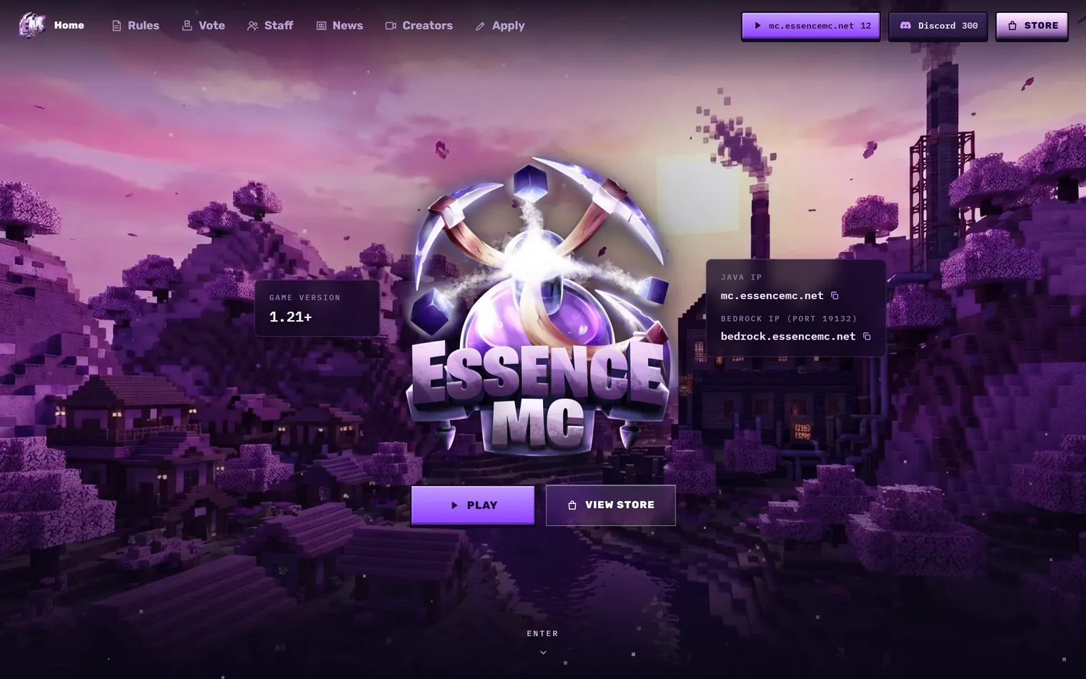 EssenceMC home page, the logo over their village build with the Java and Bedrock addresses beside it