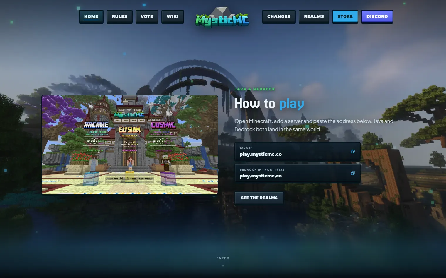 MysticMC home page, How to play beside a spawn screenshot, with the Java and Bedrock addresses spelled out