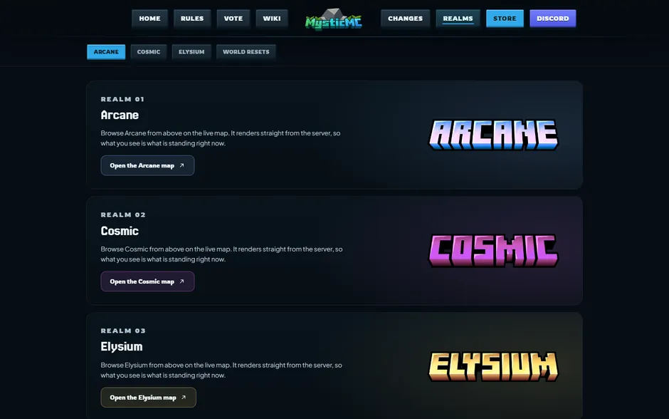 MysticMC realms page, Arcane, Cosmic and Elysium each opening their own live map