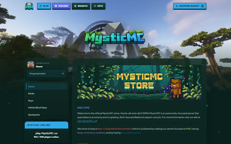 The MysticMC store, a custom CraftingStore template built to match the site