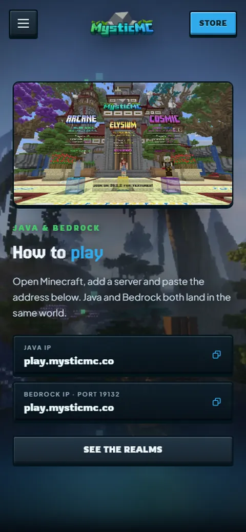 MysticMC home page on a phone
