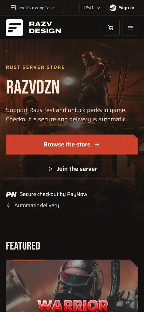 The template's home page on a phone