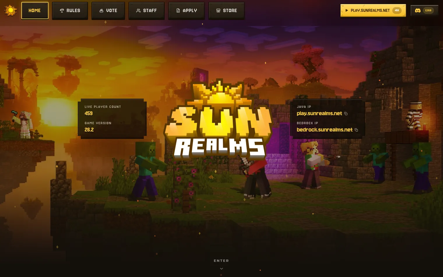 SunRealms home page, sunset panorama hero with server IP panels