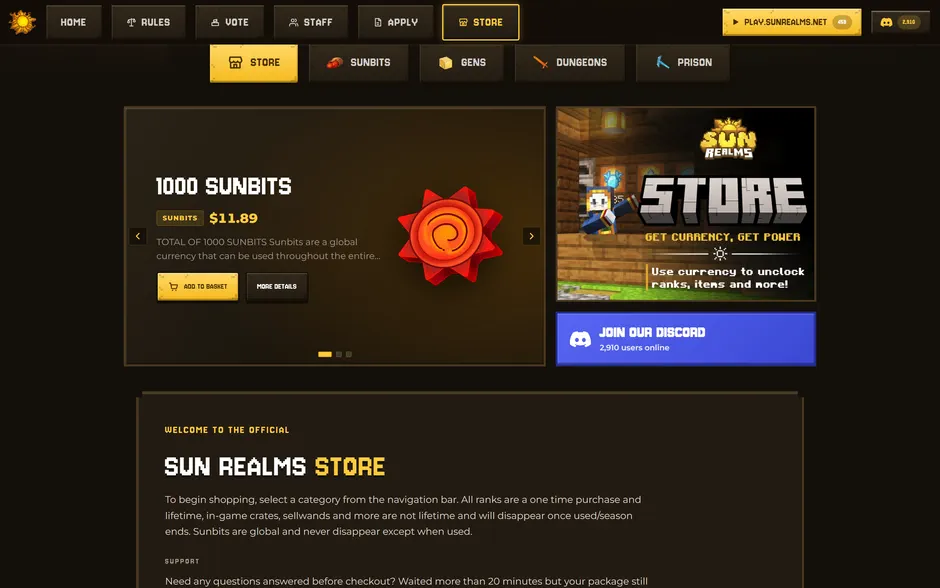 SunRealms store page, the featured carousel beside the store artwork, with the live Tebex categories above
