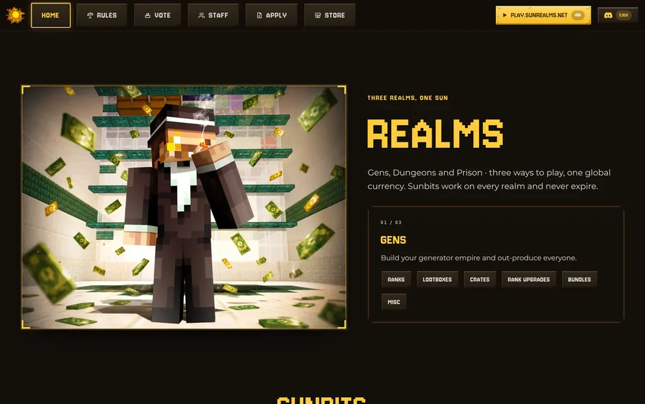 SunRealms realms section, Gens leading with its own art and store categories