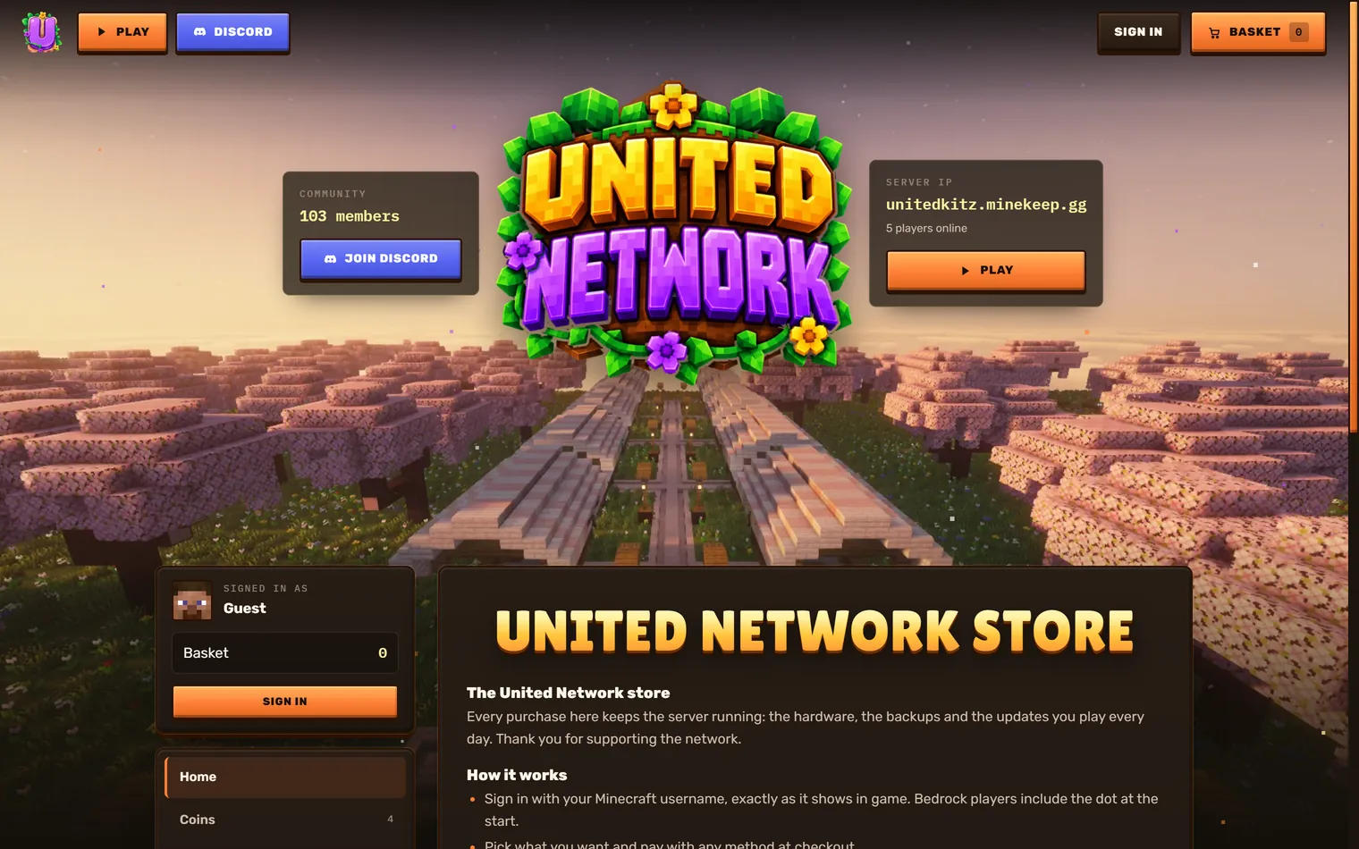 United Network store home, the logo over their market build with the Discord and server IP panels either side