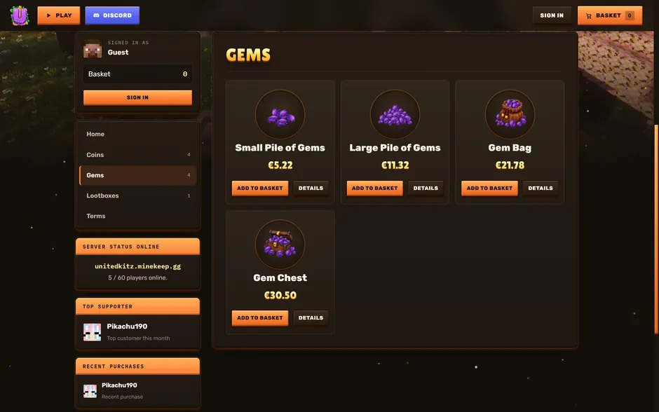 The Gems category, four packages with their own artwork and prices pulled live from Tebex