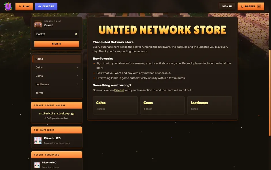 The store front page beside the sidebar, with server status, top supporter and recent purchases